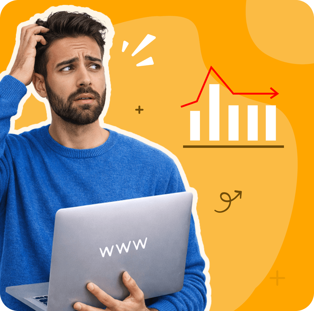 Worried man scratching his head while holding a laptop, with a flatlining bar chart doodle