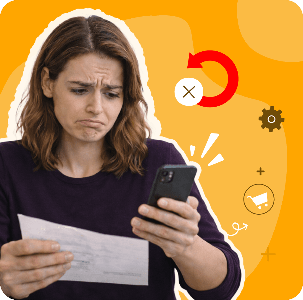 Frustrated woman looking at her phone while holding a document
