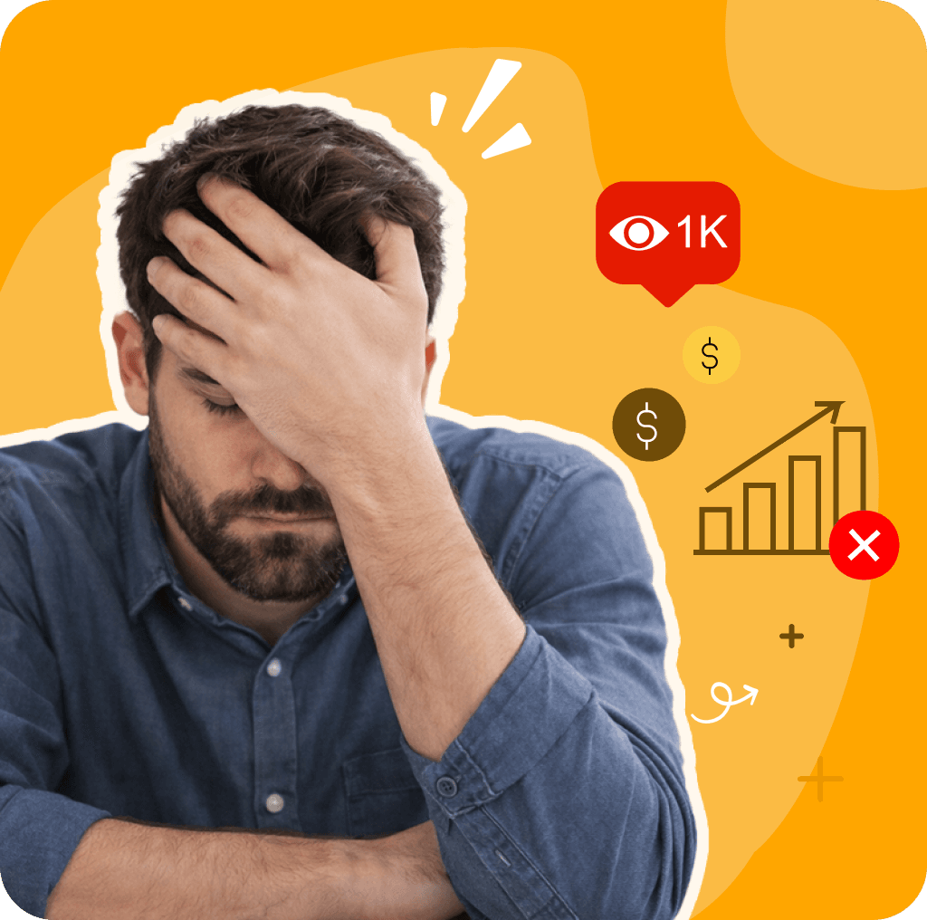 Stressed man covering his face with his hand, with falling engagement icons