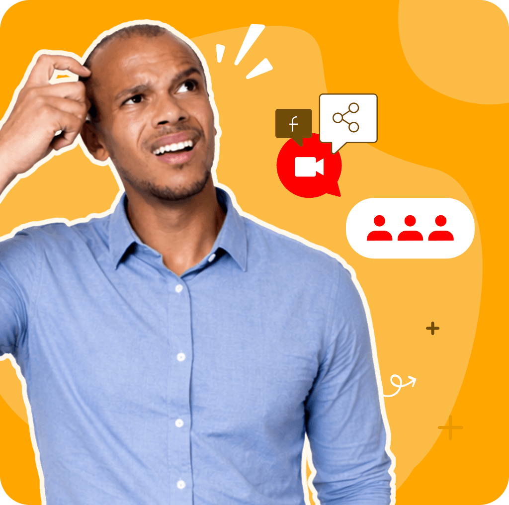 Puzzled man scratching his head while looking up at scattered channel icons