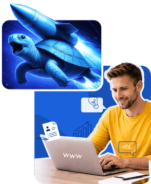 Turtle rocket and marketer at laptop