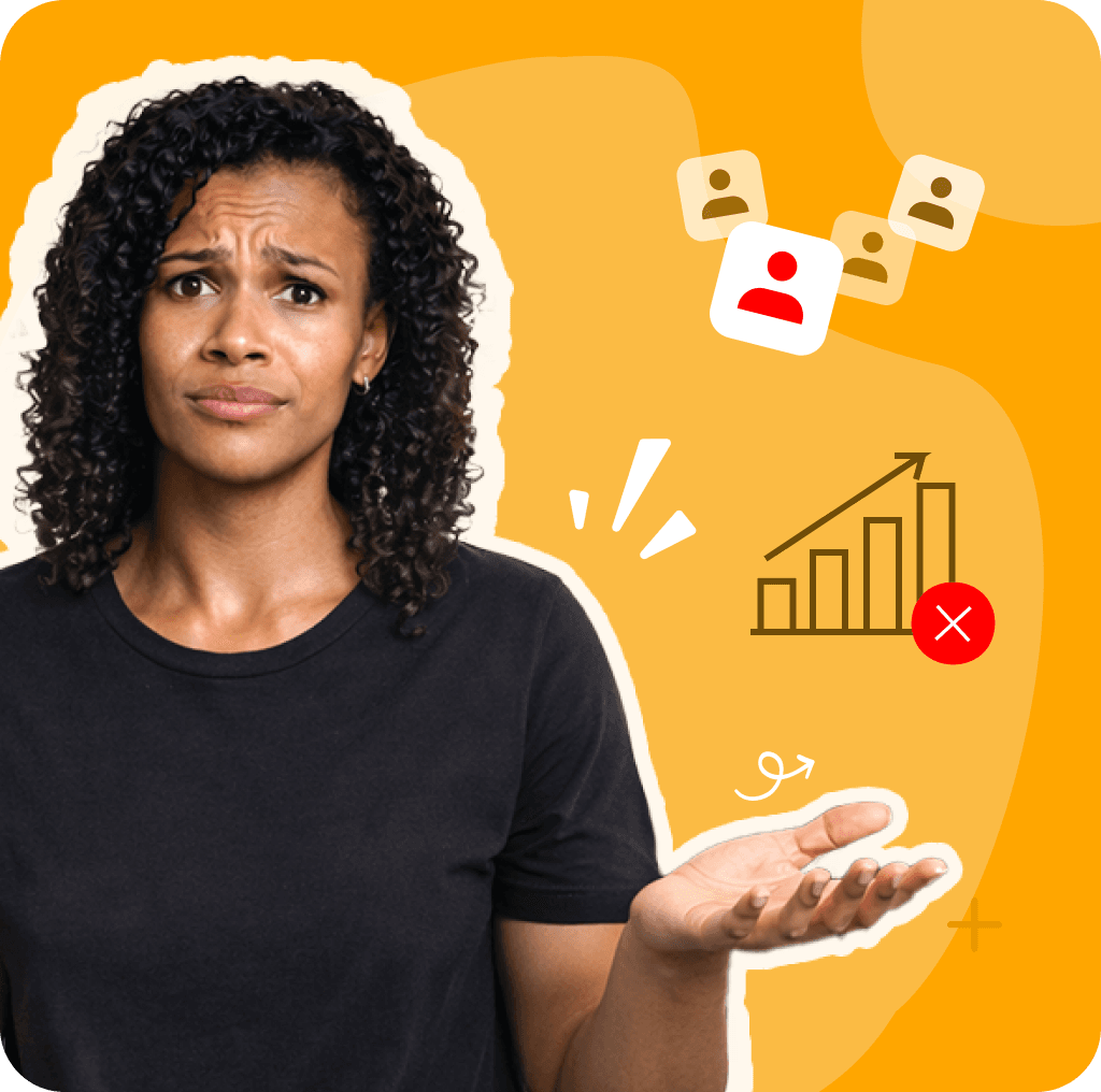 Woman shrugging with an open palm next to a declining chart doodle